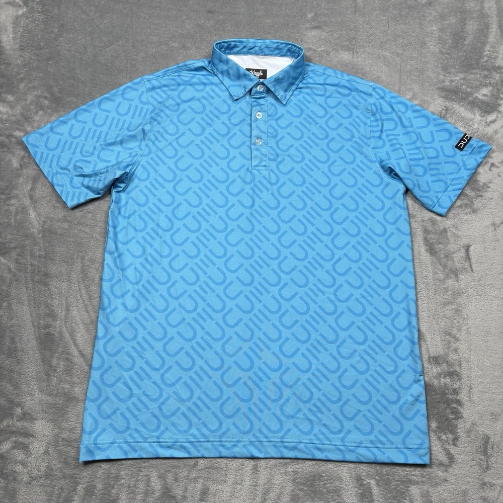 Waggle Golf Polo Shirt Mens Size L DUDE Wipes All Over Print Short Sleeve Blue